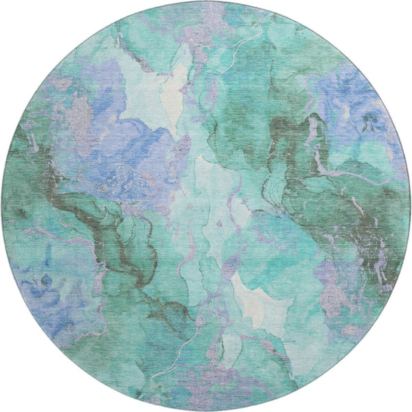 HomeRoots 8' Teal Lavender Ivory Abstract Washable Round Rug - Durable, Stylish, UV-Protected for Any Space 701344