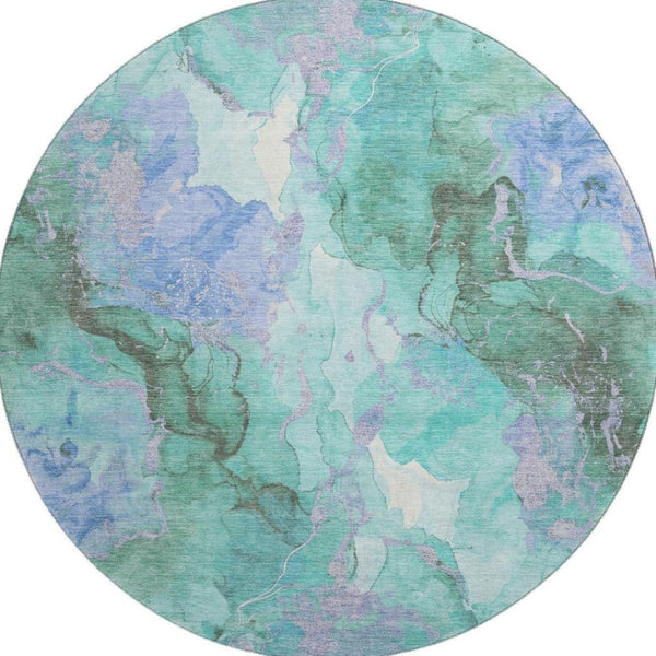 HomeRoots 8' Teal Lavender Ivory Abstract Washable Round Rug - Durable, Stylish, UV-Protected for Any Space 701344