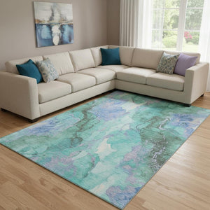 HomeRoots 8' X 10' Modern Teal Lavender Ivory Abstract Area Rug - Washable, UV Protected, Perfect for Homes! 701345