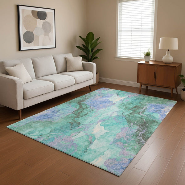HomeRoots 8' X 10' Modern Teal Lavender Ivory Abstract Area Rug - Washable, UV Protected, Perfect for Homes! 701345