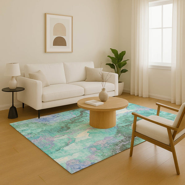 HomeRoots 8' X 10' Modern Teal Lavender Ivory Abstract Area Rug - Washable, UV Protected, Perfect for Homes! 701345