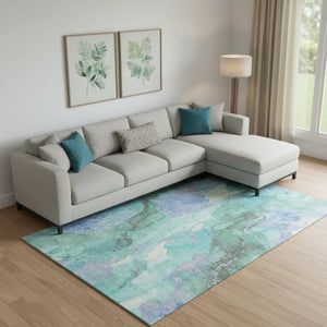 HomeRoots 9' X 12' Teal Lavender and Ivory Abstract Area Rug - Washable, UV-Protected, Durable & Stylish Design 701346