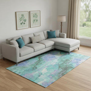 HomeRoots 10' X 14' Washable Contemporary Teal Lavender Ivory Area Rug with UV Protection & Easy Care 701347