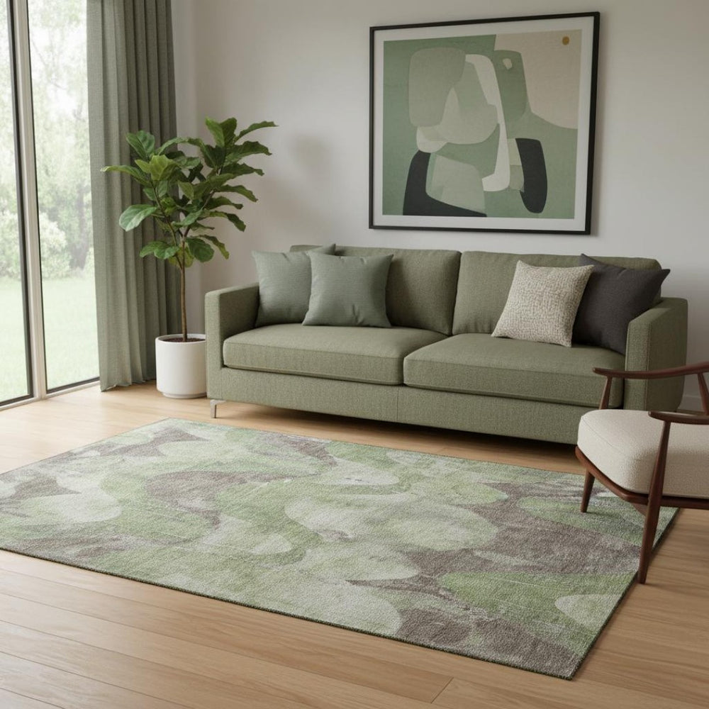 HomeRoots 5' X 8' Modern Artichoke Green & Taupe Abstract Washable Area Rug with UV Protection for Homes 701349