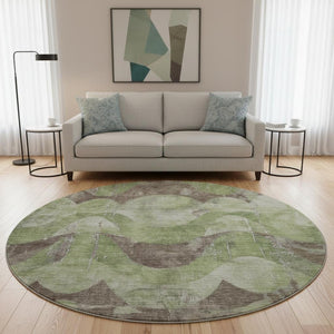 HomeRoots 8' Modern Artichoke Green & Taupe Abstract Washable Round Rug with UV Protection & Non-Slip Backing 701350