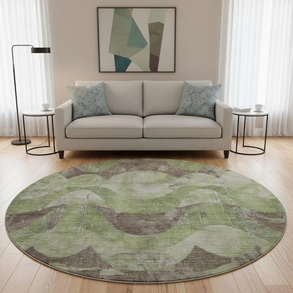 HomeRoots 8' Modern Artichoke Green & Taupe Abstract Washable Round Rug with UV Protection & Non-Slip Backing 701350