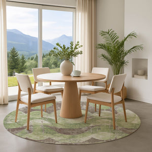 HomeRoots 8' Modern Artichoke Green & Taupe Abstract Washable Round Rug with UV Protection & Non-Slip Backing 701350