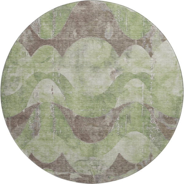 HomeRoots 8' Modern Artichoke Green & Taupe Abstract Washable Round Rug with UV Protection & Non-Slip Backing 701350