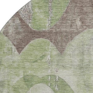 HomeRoots 8' Modern Artichoke Green & Taupe Abstract Washable Round Rug with UV Protection & Non-Slip Backing 701350