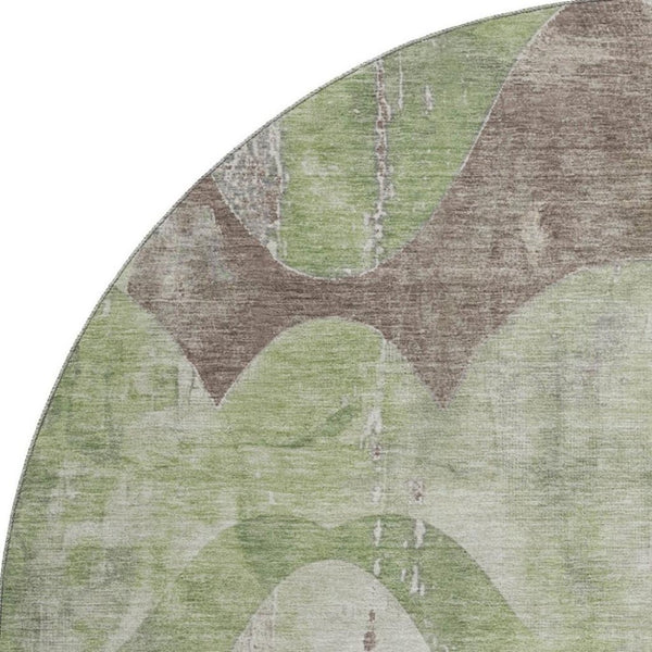 HomeRoots 8' Modern Artichoke Green & Taupe Abstract Washable Round Rug with UV Protection & Non-Slip Backing 701350