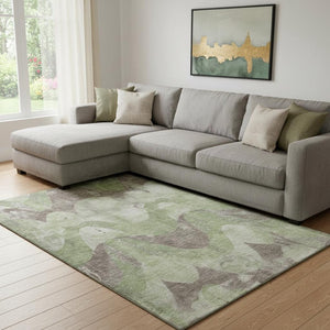 HomeRoots 8' X 10' Artichoke Green & Taupe Abstract Washable Area Rug with UV Protection for Modern Homes 701351