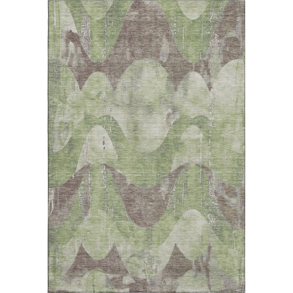 HomeRoots 8' X 10' Artichoke Green & Taupe Abstract Washable Area Rug with UV Protection for Modern Homes 701351