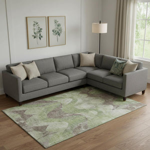 HomeRoots 10' X 14' Artichoke Green & Taupe Abstract Washable Area Rug - Durable, UV Protected & Stylish Comfort 701353