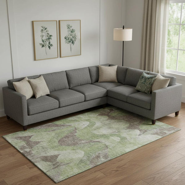 HomeRoots 10' X 14' Artichoke Green & Taupe Abstract Washable Area Rug - Durable, UV Protected & Stylish Comfort 701353