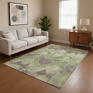 HomeRoots 10' X 14' Artichoke Green & Taupe Abstract Washable Area Rug - Durable, UV Protected & Stylish Comfort 701353
