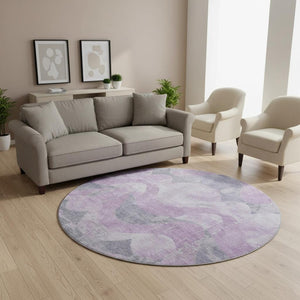 HomeRoots 8' Stylish Lavender & Gray Abstract Round Rug - Washable, UV Protected, Non-Slip, Modern Design! 701356
