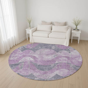 HomeRoots 8' Stylish Lavender & Gray Abstract Round Rug - Washable, UV Protected, Non-Slip, Modern Design! 701356