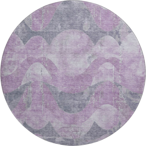 HomeRoots 8' Stylish Lavender & Gray Abstract Round Rug - Washable, UV Protected, Non-Slip, Modern Design! 701356