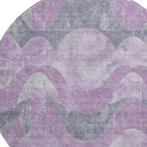 HomeRoots 8' Stylish Lavender & Gray Abstract Round Rug - Washable, UV Protected, Non-Slip, Modern Design! 701356