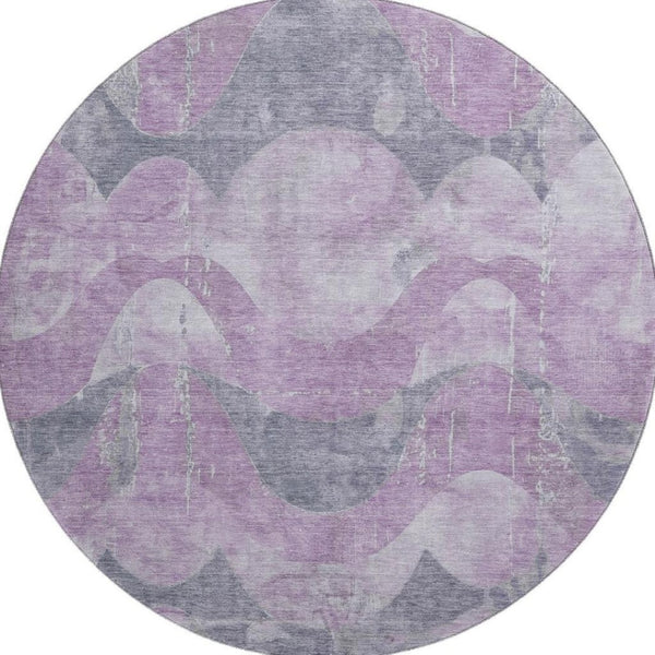 HomeRoots 8' Stylish Lavender & Gray Abstract Round Rug - Washable, UV Protected, Non-Slip, Modern Design! 701356