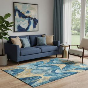 HomeRoots 5' X 8' Teal and Gold Abstract Area Rug - Durable, Washable, UV-Protected, Perfect for Kids & Pets! 701361