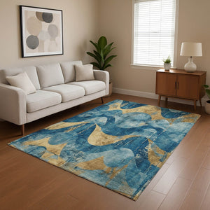 HomeRoots 5' X 8' Teal and Gold Abstract Area Rug - Durable, Washable, UV-Protected, Perfect for Kids & Pets! 701361