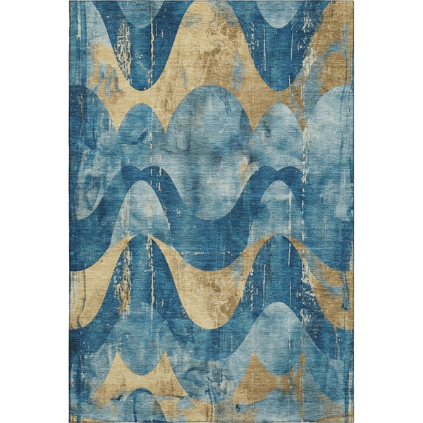 HomeRoots 5' X 8' Teal and Gold Abstract Area Rug - Durable, Washable, UV-Protected, Perfect for Kids & Pets! 701361