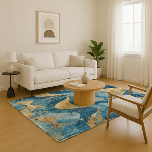 HomeRoots 5' X 8' Teal and Gold Abstract Area Rug - Durable, Washable, UV-Protected, Perfect for Kids & Pets! 701361