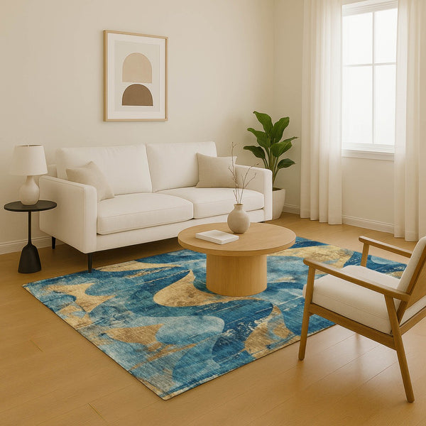 HomeRoots 5' X 8' Teal and Gold Abstract Area Rug - Durable, Washable, UV-Protected, Perfect for Kids & Pets! 701361