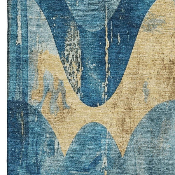 HomeRoots 5' X 8' Teal and Gold Abstract Area Rug - Durable, Washable, UV-Protected, Perfect for Kids & Pets! 701361