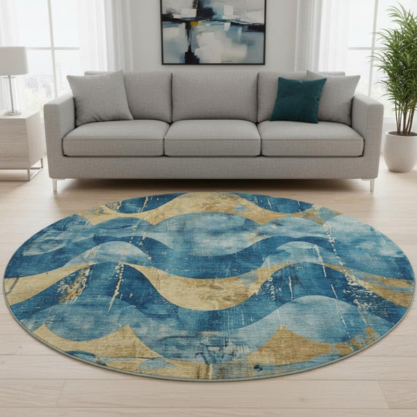 HomeRoots 8' Teal and Gold Abstract Round Rug – Washable, UV-Protected, Stylish for High-Traffic Areas & Homes 701362