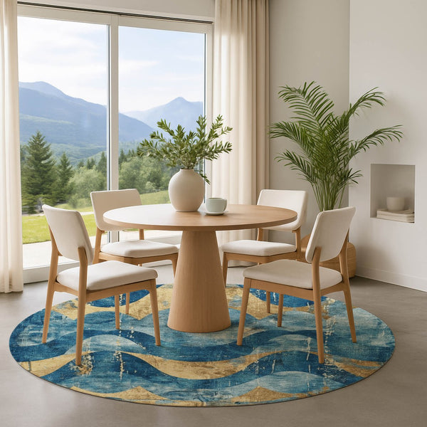 HomeRoots 8' Teal and Gold Abstract Round Rug – Washable, UV-Protected, Stylish for High-Traffic Areas & Homes 701362