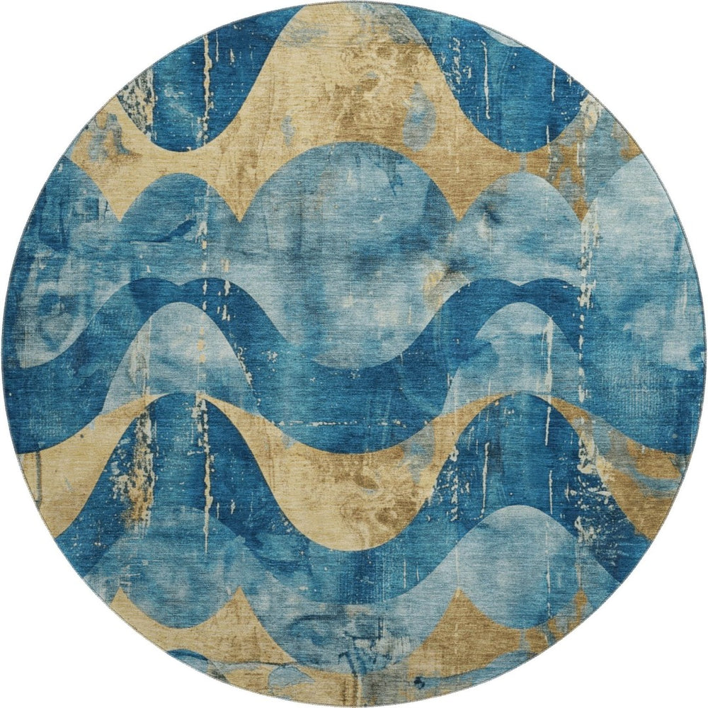 HomeRoots 8' Teal and Gold Abstract Round Rug – Washable, UV-Protected, Stylish for High-Traffic Areas & Homes 701362