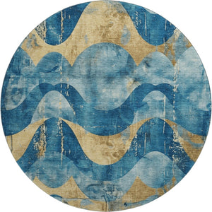 HomeRoots 8' Teal and Gold Abstract Round Rug – Washable, UV-Protected, Stylish for High-Traffic Areas & Homes 701362