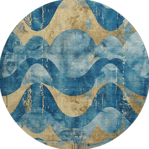 HomeRoots 8' Teal and Gold Abstract Round Rug – Washable, UV-Protected, Stylish for High-Traffic Areas & Homes 701362