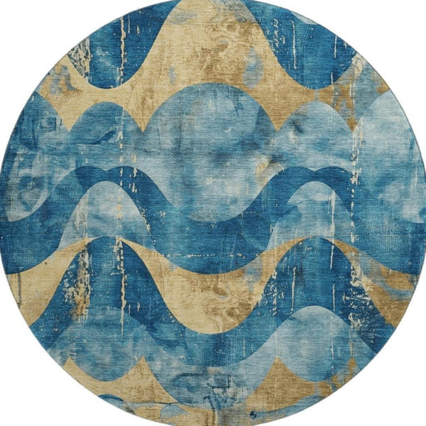 HomeRoots 8' Teal and Gold Abstract Round Rug – Washable, UV-Protected, Stylish for High-Traffic Areas & Homes 701362