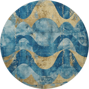 HomeRoots 8' Teal and Gold Abstract Round Rug – Washable, UV-Protected, Stylish for High-Traffic Areas & Homes 701362