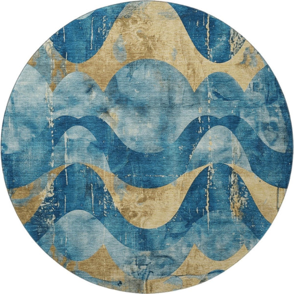 HomeRoots 8' Teal and Gold Abstract Round Rug – Washable, UV-Protected, Stylish for High-Traffic Areas & Homes 701362