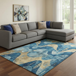 HomeRoots 8' X 10' Teal and Gold Abstract Area Rug - Washable, UV Protected, Durable, Modern Design for Homes 701363