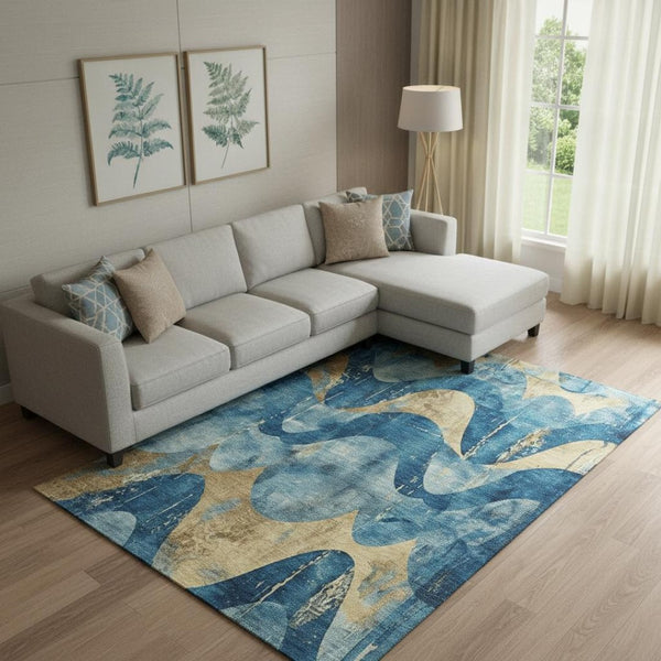 HomeRoots 9' X 12' Teal & Gold Abstract Washable Area Rug – Modern, Durable, UV-Protected & Pet-Friendly Design 701364