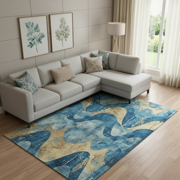 HomeRoots 10' X 14' Teal And Gold Abstract Washable Area Rug – Durable, Stylish, UV-Protected for High-Traffic Spaces 701365