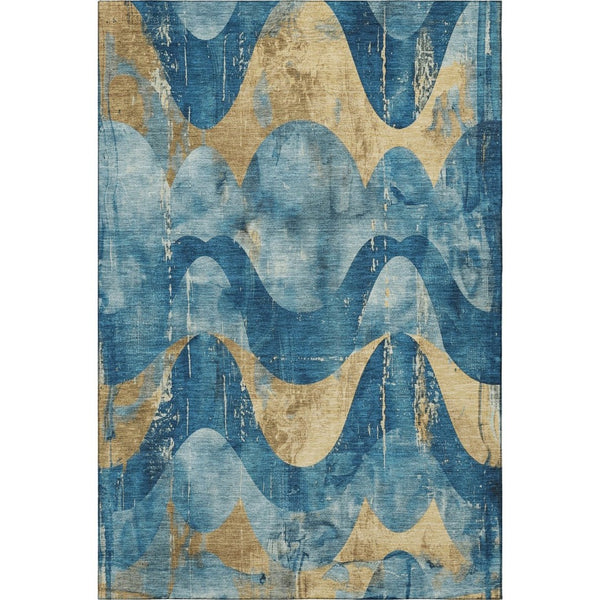 HomeRoots 10' X 14' Teal And Gold Abstract Washable Area Rug – Durable, Stylish, UV-Protected for High-Traffic Spaces 701365
