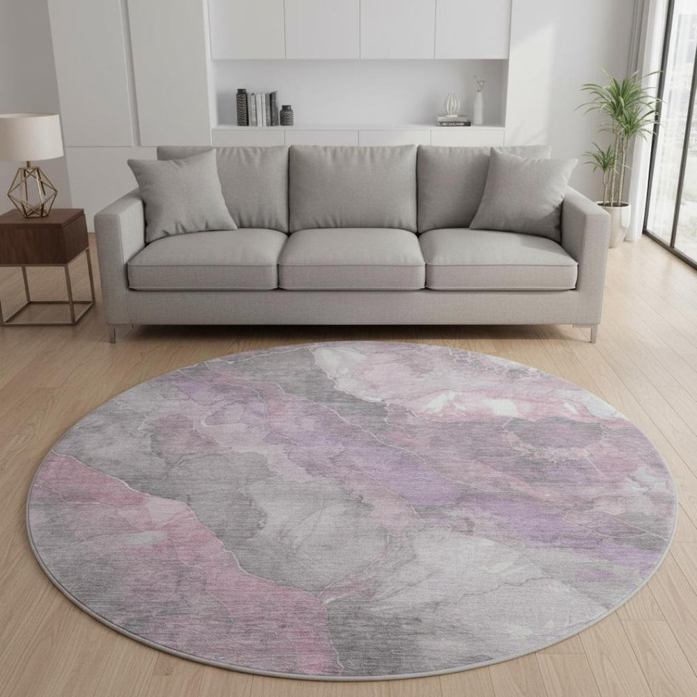 HomeRoots 8' Blush Gray and Ivory Floral Washable Round Rug - Stain Resistant, UV Protected, Durable Beauty 701368