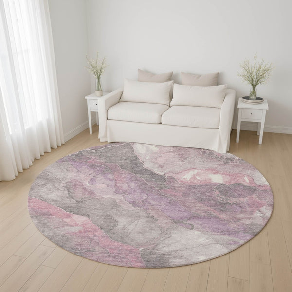 HomeRoots 8' Blush Gray and Ivory Floral Washable Round Rug - Stain Resistant, UV Protected, Durable Beauty 701368