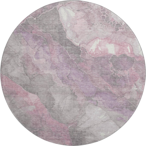 HomeRoots 8' Blush Gray and Ivory Floral Washable Round Rug - Stain Resistant, UV Protected, Durable Beauty 701368