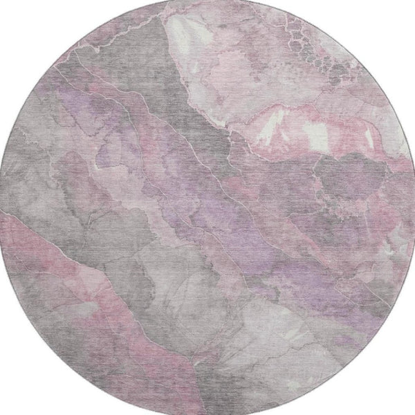 HomeRoots 8' Blush Gray and Ivory Floral Washable Round Rug - Stain Resistant, UV Protected, Durable Beauty 701368