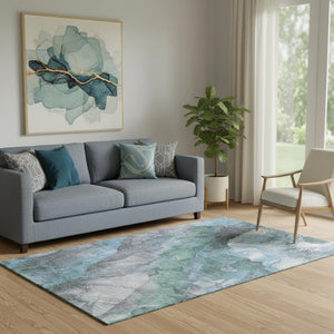 HomeRoots 5' X 8' Floral Washable Area Rug - Blue Green Gray, UV Protected, Stain-Resistant, Durable & Non-Slip 701373