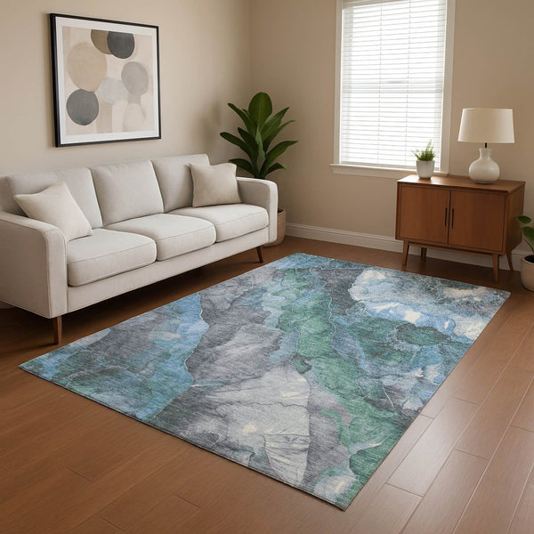 HomeRoots 5' X 8' Floral Washable Area Rug - Blue Green Gray, UV Protected, Stain-Resistant, Durable & Non-Slip 701373