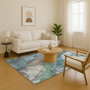 HomeRoots 5' X 8' Floral Washable Area Rug - Blue Green Gray, UV Protected, Stain-Resistant, Durable & Non-Slip 701373