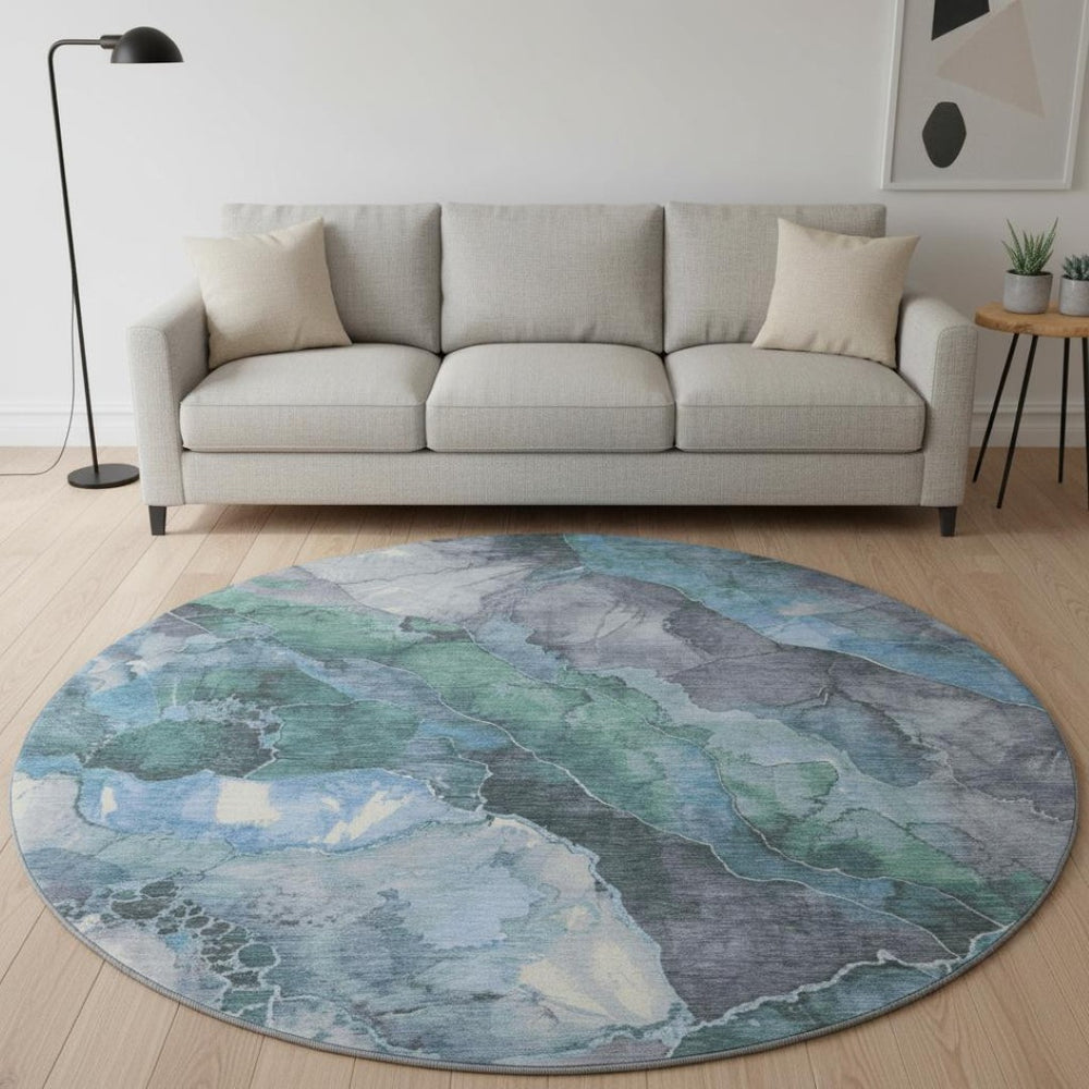 HomeRoots 8' Blue Green and Gray Floral Round Washable Rug with UV Protection for Kids, Pets & Easy Care 701374